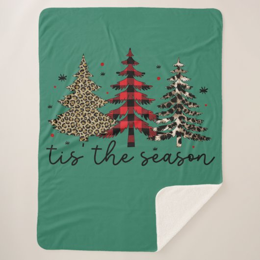 "Tis the Season" Plaid Luipaard kerstbomen Sherpa Deken (Voorkant)