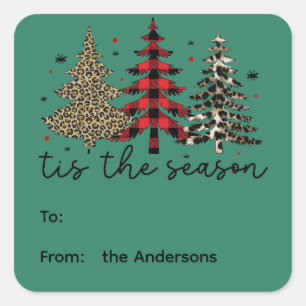 "Tis the Season" Plaid Luipaard kerstbomen Vierkante Sticker