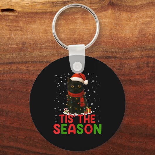 Tis' The Season Santa Hat Funny Black Cat Christma Sleutelhanger (Voorkant)