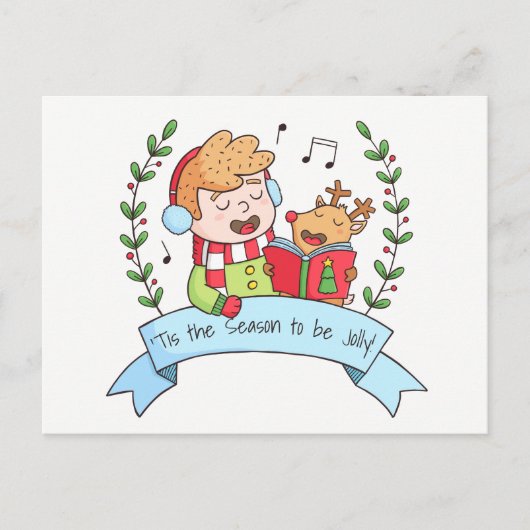 Tis the Season to be Jolly Boy Reindeer Carol Card Feestdagenkaart (Voorkant)