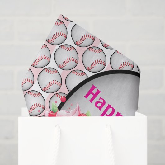 Tissue Paper Pink Baseball Happy Birthday  Tissuepapier (Cadeauzakje)