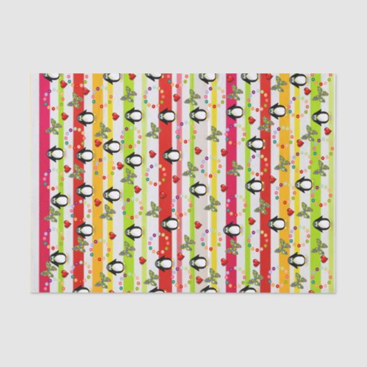 Tissue Paper Stripe Penguin Red Hearts Tissuepapier (Voorkant)