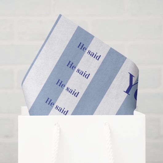 Tissuepapier blauw & wit gestreept Hij zei Ja! (Cadeauzakje)