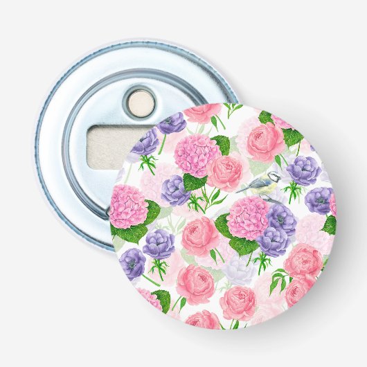 Tit-vogel en -bloemen button flesopener (Voorkant)