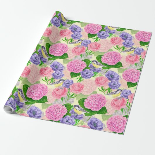 Tit-vogel en -bloemen cadeaupapier (Uitgerold)