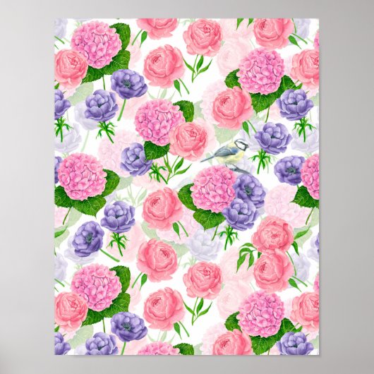 Tit-vogel en -bloemen poster (Voorkant)