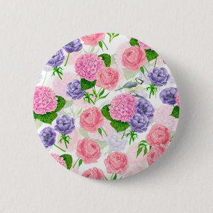Tit-vogel en -bloemen ronde button 5,7 cm
