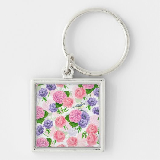 Tit-vogel en -bloemen sleutelhanger (Voorkant)