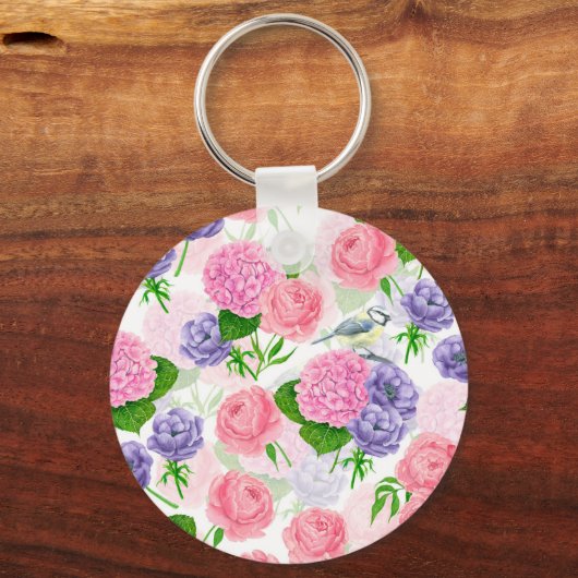 Tit-vogel en -bloemen sleutelhanger (Voorkant)