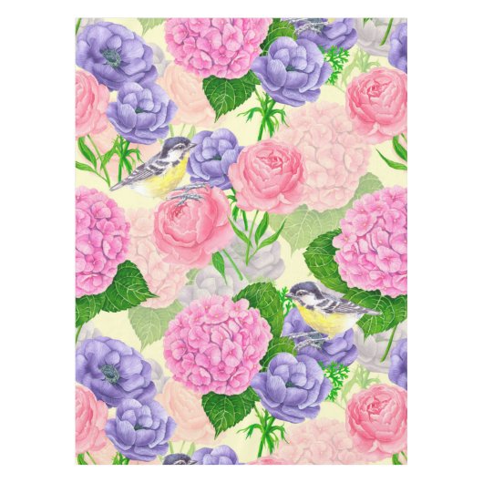 Tit-vogel en -bloemen tafelkleed (Voorkant)