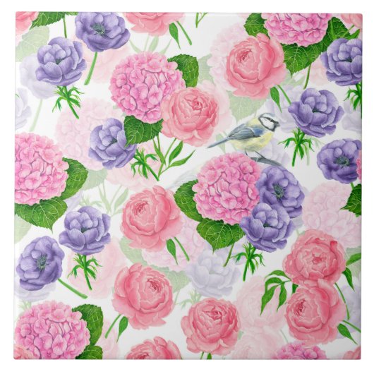 Tit-vogel en -bloemen tegeltje (Voorkant)