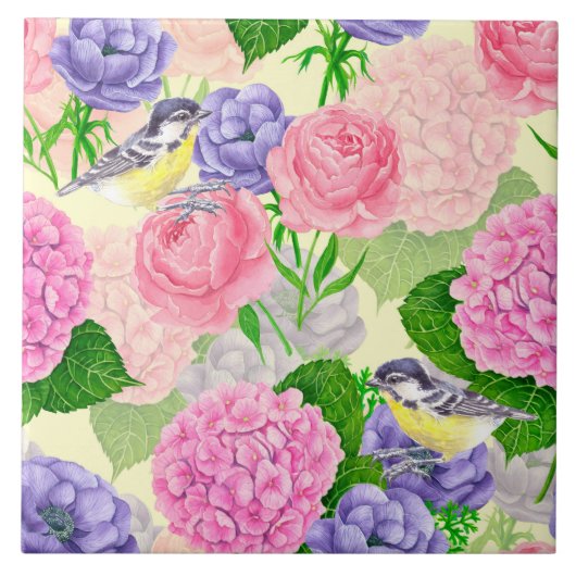 Tit-vogel en -bloemen tegeltje (Voorkant)