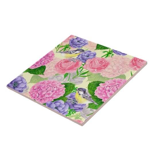 Tit-vogel en -bloemen tegeltje (Zijkant)