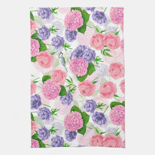 Tit-vogel en -bloemen theedoek (Verticaal)