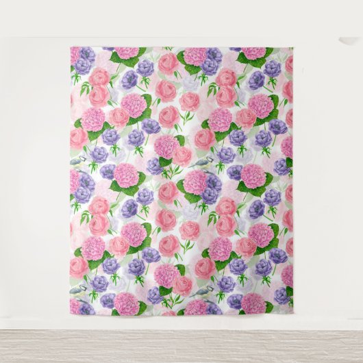 Tit-vogel en -bloemen wandkleed (Voorkant)