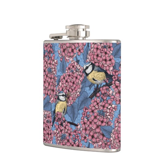 Tit-vogels in de lila tuin heupfles (Links)