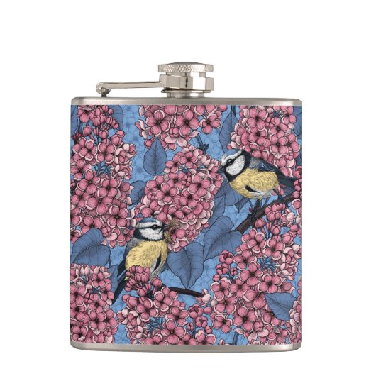 Tit-vogels in de lila tuin heupfles (Voorkant)