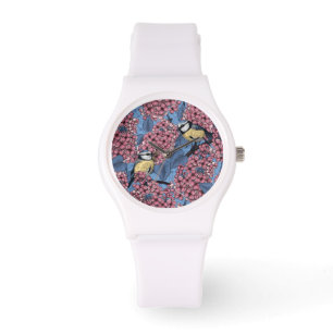 Tit-vogels in de lila tuin horloge