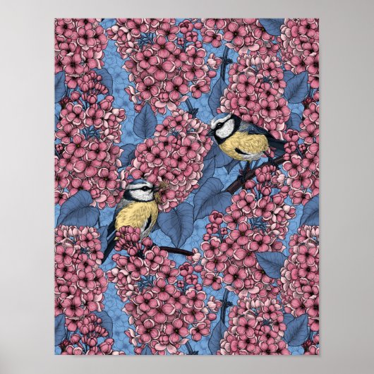 Tit-vogels in de lila tuin poster (Voorkant)
