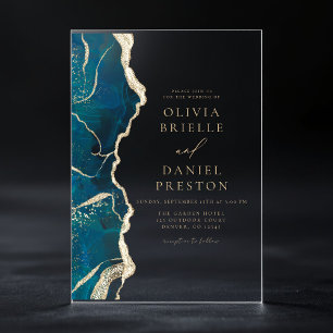 Titaan Turkoois Blauw Goud Agaat Elegante Trouwdag Acryl Uitnodigingen