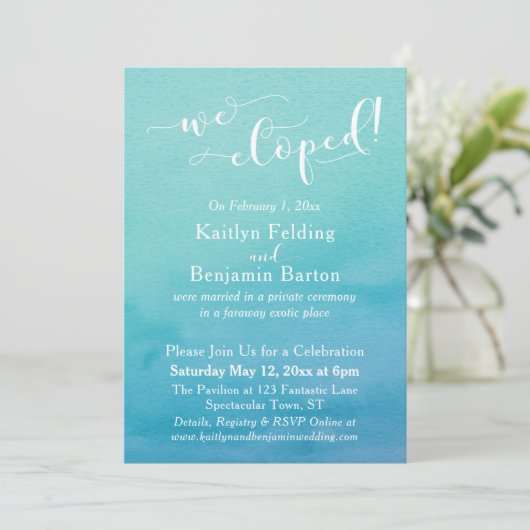 Titaanblauw Aquarel Ombre We Eloped Ontvangst Kaart (Staand voorkant)