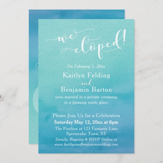 Titaanblauw Aquarel Ombre We Eloped Ontvangst Kaart (Voorkant / Achterkant)