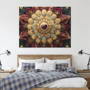 Titaanblauw Bourgondië Gouden Mandala Met Juwelen Canvas Afdruk