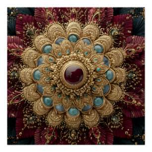 Titaanblauw Bourgondië Gouden Mandala Met Juwelen  Perfect Poster
