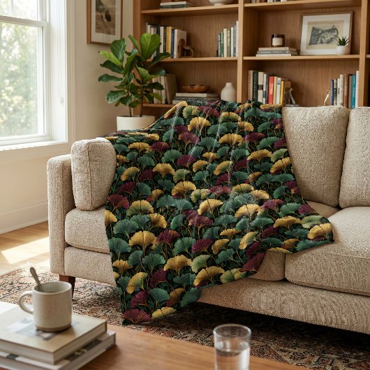 Titaanblauw Bourgondië Vintage Ginkgo Blad Patroon Fleece Deken