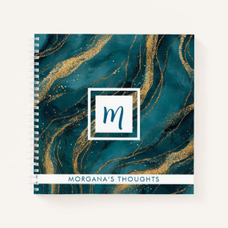 Titaanblauw en Gouden Krullen Monogram Vierkant Notitieboek