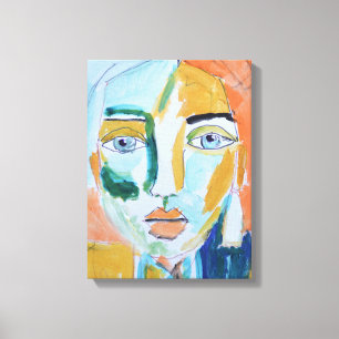 Titaanblauw en oranje abstract vrouwenportret canvas afdruk