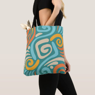 Titaanblauw en oranje vet spiraalspoelpatroon tote bag