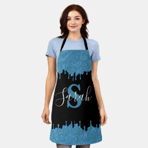 Titaanblauw en zwarte monogram glinsterende druppe schort