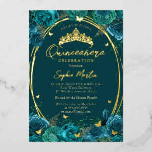 Titaanblauw Goud Boeiende Bloemvlinder Quinceanera Folie Uitnodiging