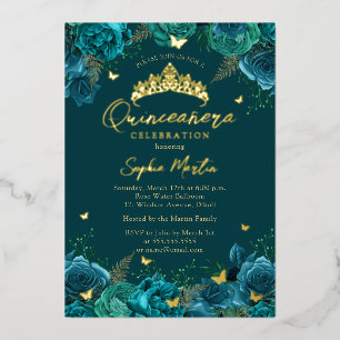 Titaanblauw Gouden Betoverende Bloemvlinder Quince Folie Uitnodiging