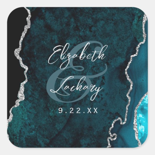 Titaanblauw Zilveren Agaat Script Bruiloft Vierkante Sticker (Voorkant)