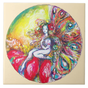 TITANIA ZITTEND OP EEN RODE BLOEM Fantasie Ivoor Tegeltje