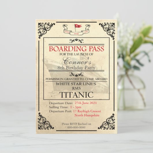 Titanic Boarding Pass Invitation Save The Date (Staand voorkant)