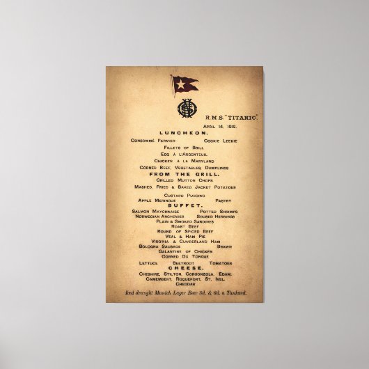 TITANIC Final Luncheon Menu 1912 Canvas Afdruk (Voorkant)