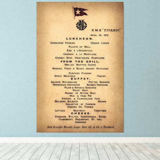 TITANIC Final Luncheon Menu 1912 Canvas Afdruk (Insitu (Houten vloer))