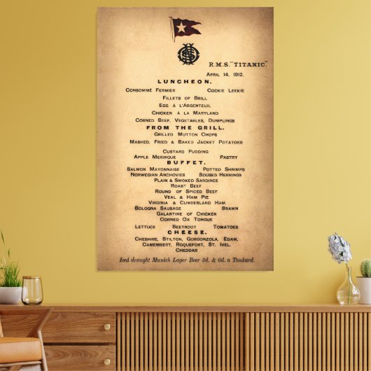 TITANIC Final Luncheon Menu 1912 Canvas Afdruk (Insitu (Woonkamer))
