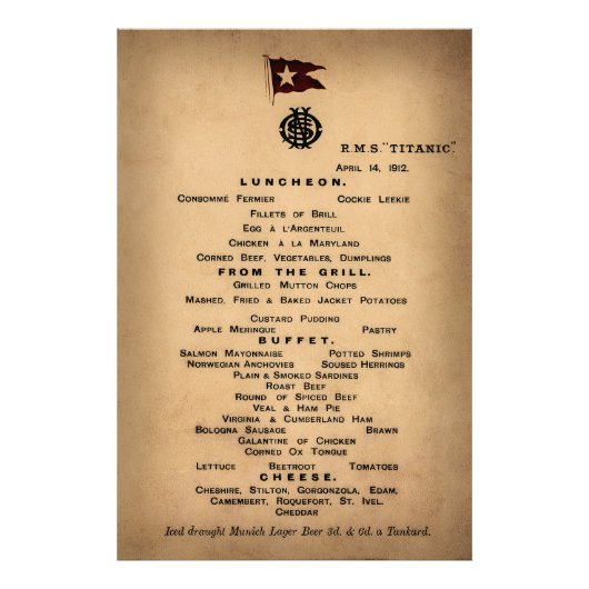 TITANIC Final Luncheon Menu 1912 Foto Afdruk (Voorkant)