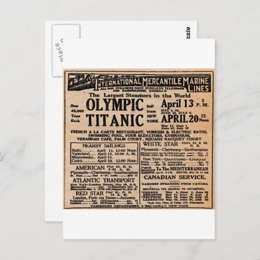 Titanic Newspaper Ad Briefkaart (Voorkant / Achterkant)