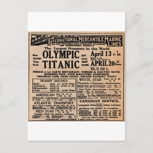 Titanic Newspaper Ad Briefkaart (Voorkant)