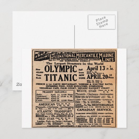 Titanic Newspaper Ad Briefkaart (Voorkant / Achterkant)
