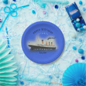 Titanic Ship Happy Birthday Name Marine Blue Paper Papieren Bordje (Feest)