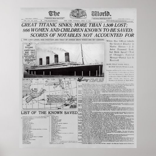 TITANIC SINKS - Voorpagina Nieuws Wereldwijd 1912 Poster (Voorkant)