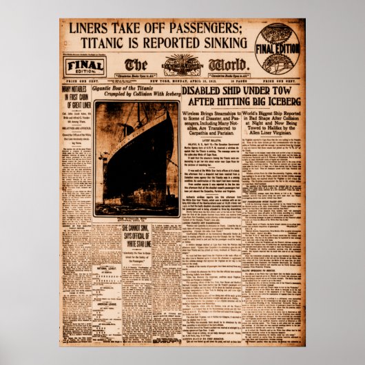 Titanic wordt gemeld in de  krant Sinking Poster (Voorkant)