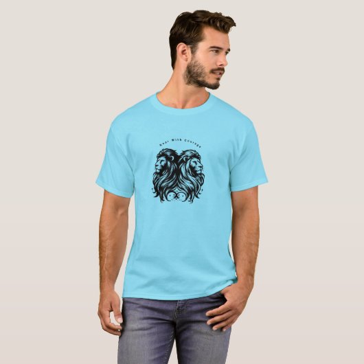 Titel: Blauw T-shirt met Twin Lions en 'Roar with (Voorkant volledig)