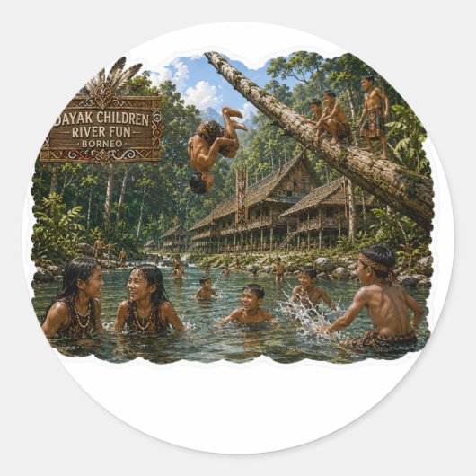 TITEL DAGAK KINDEREN RIVIER PLEZIER BORNEO STICKER (Voorkant)